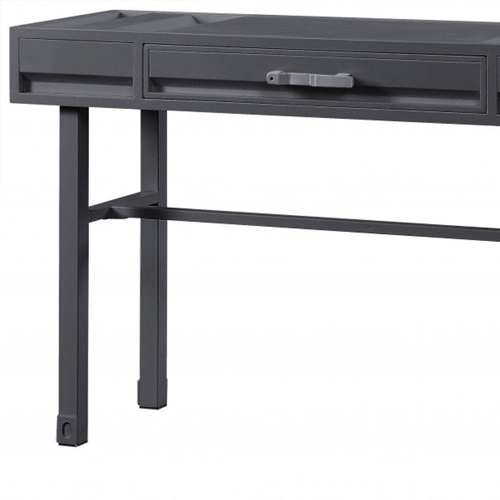 47" Gunmetal Iron And Wood Vanity Table. Vanity table isolated on a plain white background, finished in charcoal metal.