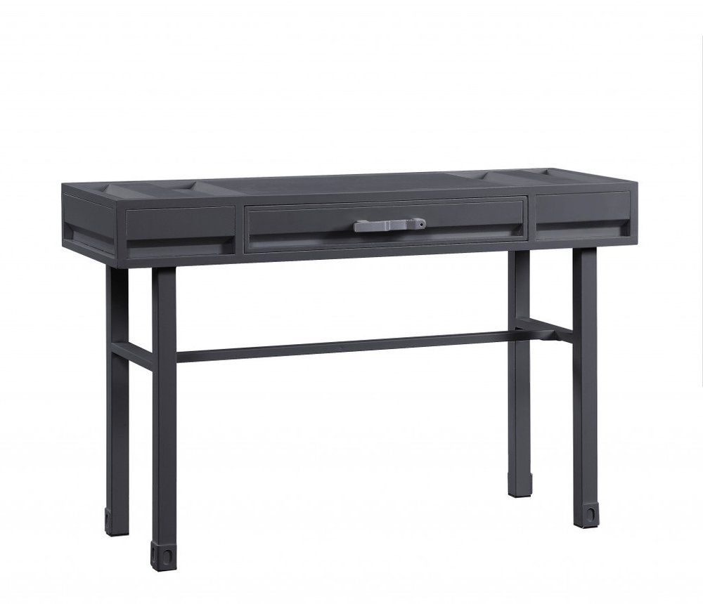 47" Gunmetal Iron And Wood Vanity Table. Vanity table isolated on a plain white background, in a charcoal metal finish.