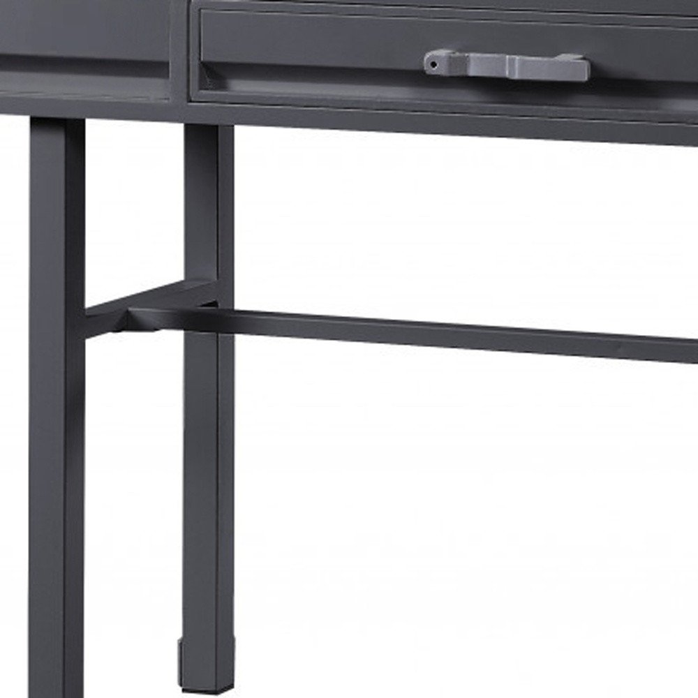 47" Gunmetal Iron And Wood Vanity Table. Vanity table isolated on a plain white background, finished in charcoal metal.