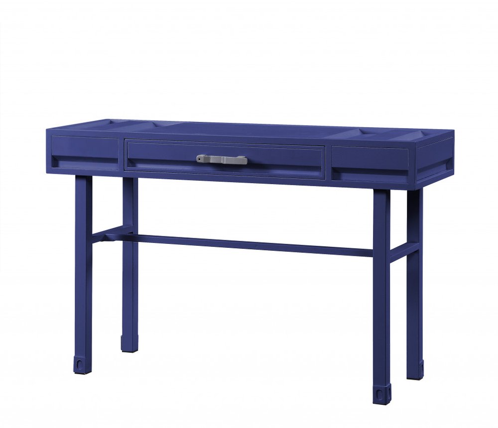 47" Blue Iron And Wood Vanity Table. Vanity table isolated on a plain white background, showing a blue metal surface.