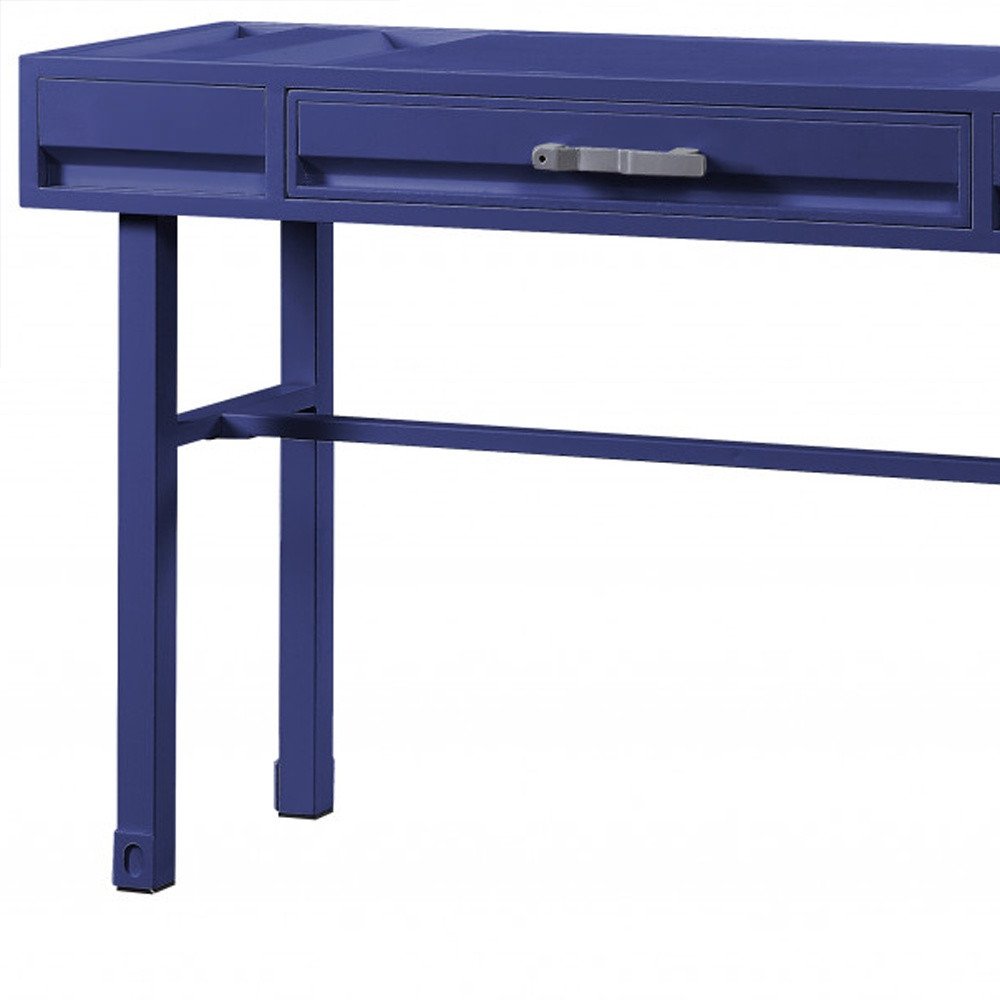 47" Blue Iron And Wood Vanity Table. Vanity table isolated on a plain white background, in a blue metal finish.