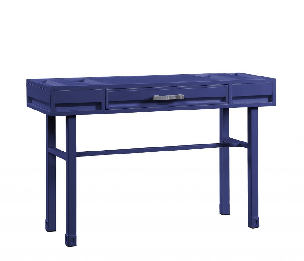 47" Blue Iron And Wood Vanity Table. Vanity table isolated on a plain white background, showing a blue metal surface.