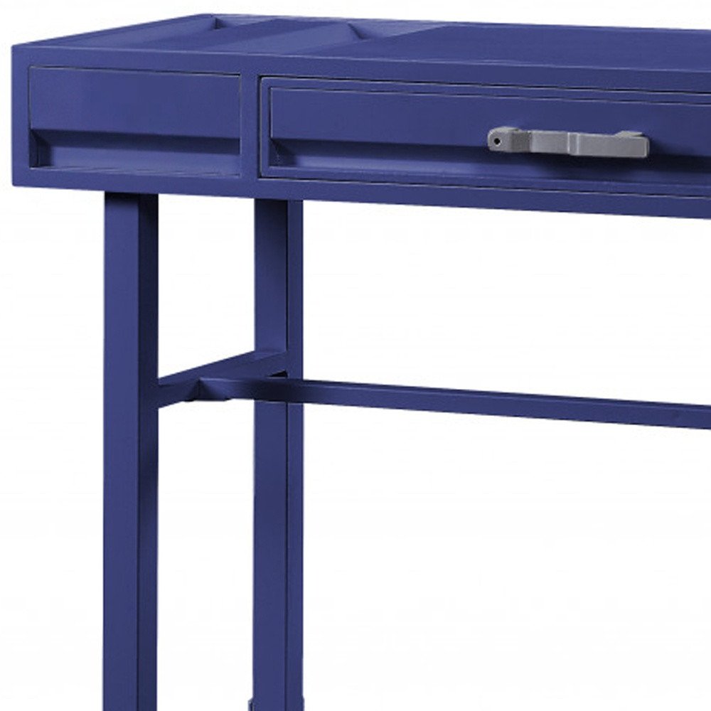 47" Blue Iron And Wood Vanity Table. Vanity table isolated on a plain white background, in a blue metal finish.
