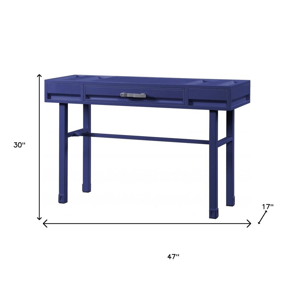 47" Blue Iron And Wood Vanity Table. Vanity table isolated on a plain white background, showing a blue metal surface.