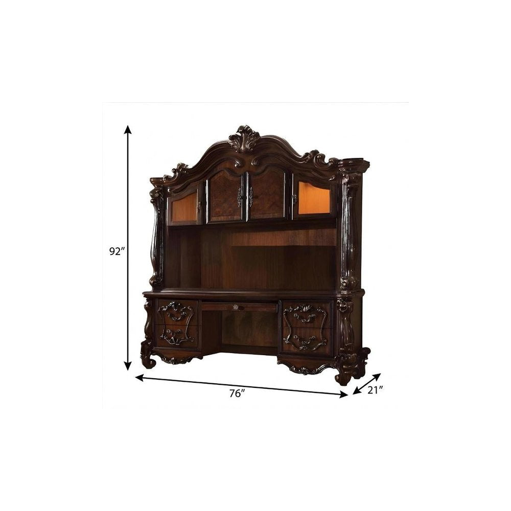 76" Dark Brown Wood Peninsula Credenza Desk With Four Cabinets Three Drawers on a white background