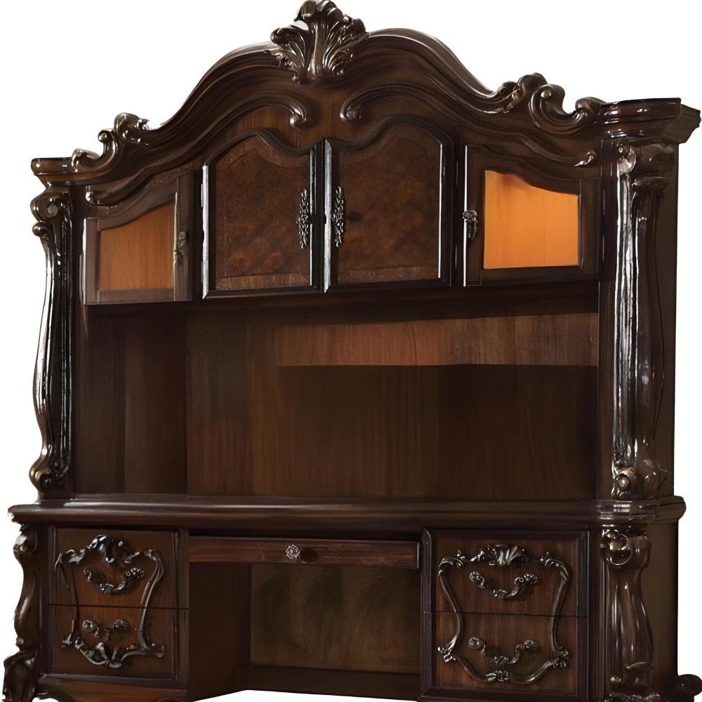 76" Dark Brown Wood Peninsula Credenza Desk With Four Cabinets Three Drawers close-up detail
