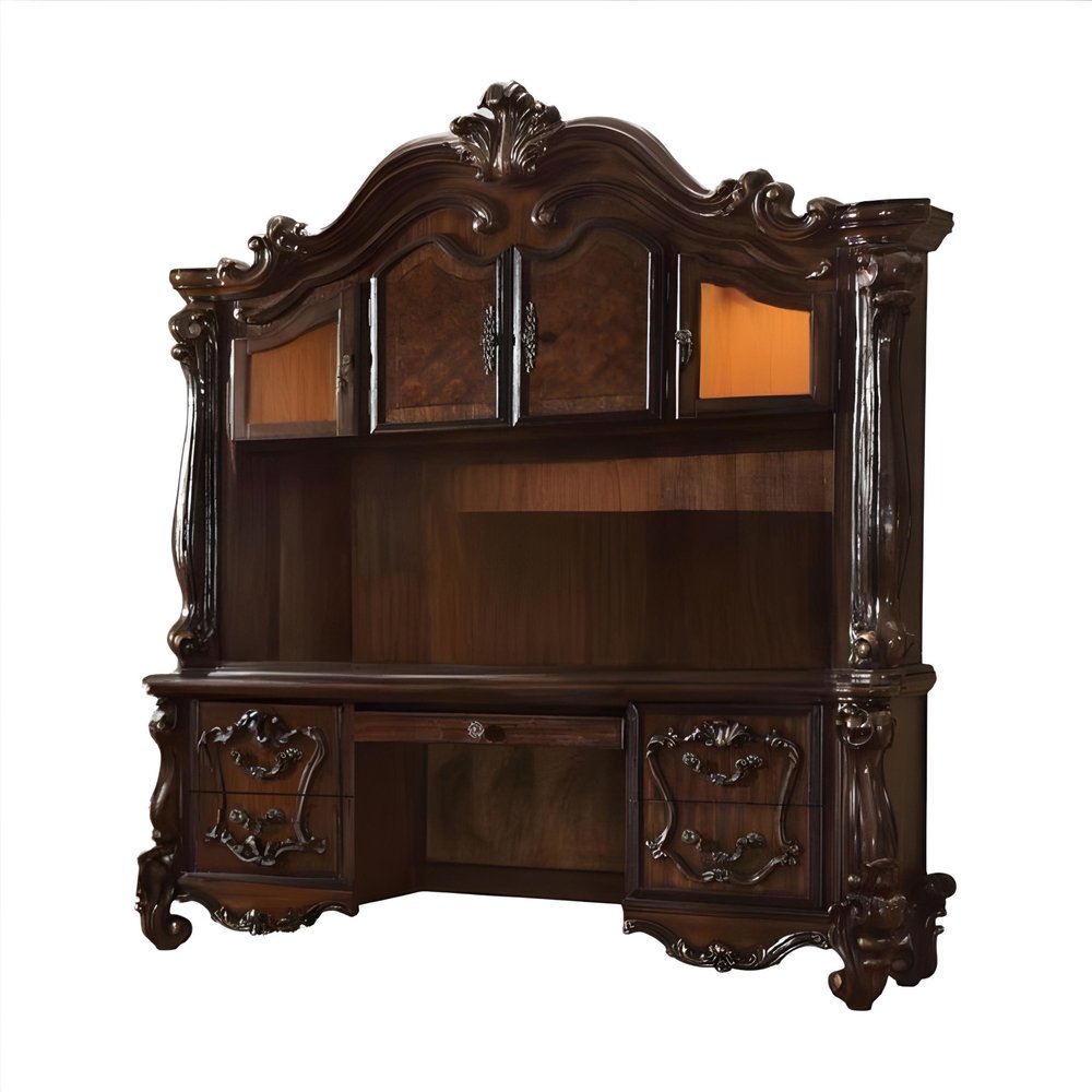Dark brown wood peninsula credenza desk with four cabinets and three drawers, featuring ornate carvings and a white background.