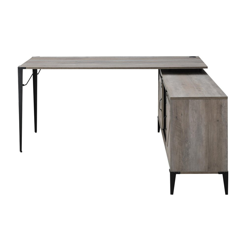 65" Gray and Black L Shape Writing Desk. Desk isolated on a plain white background, finished in gray.