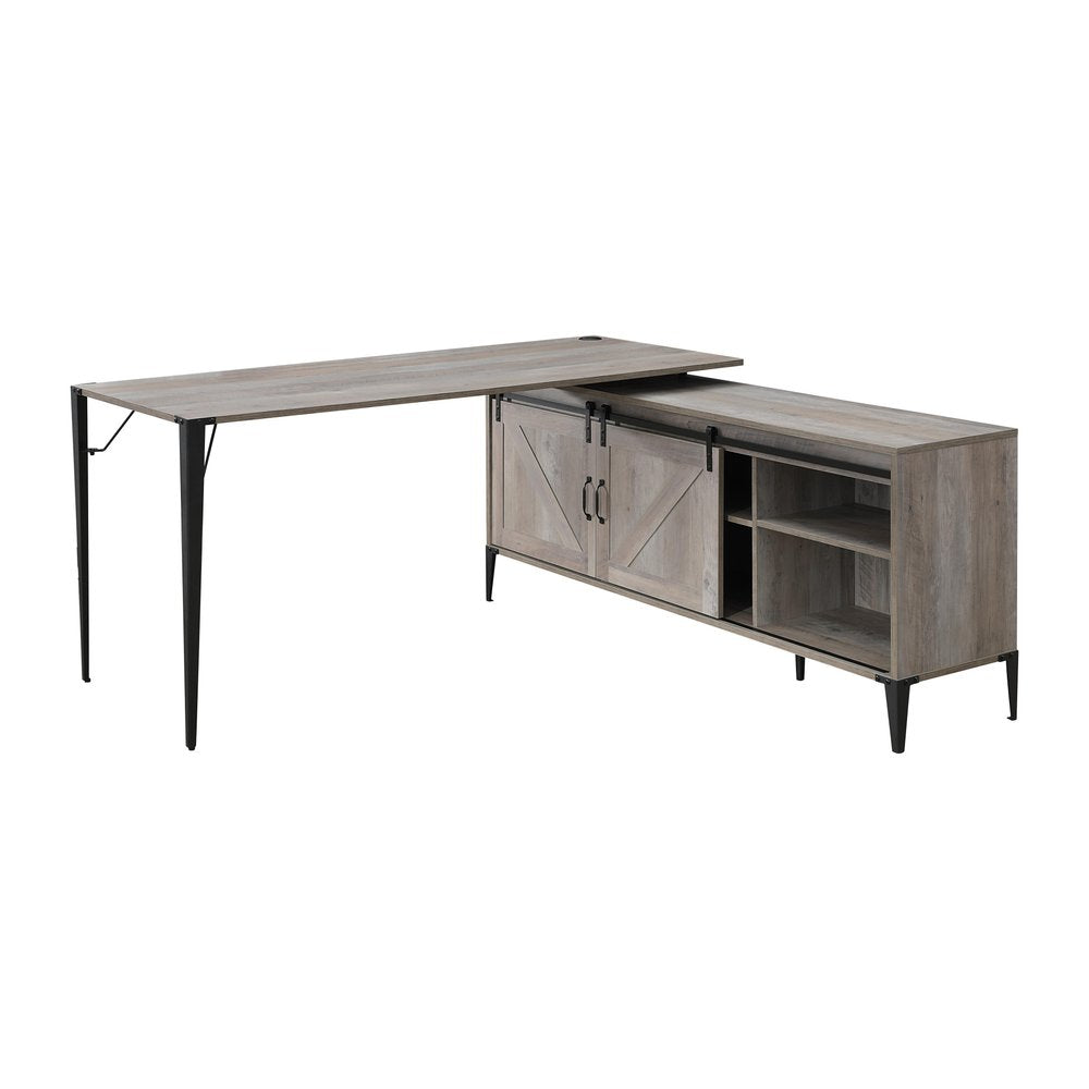 65" Gray and Black L Shape Writing Desk. Desk isolated on a plain white background, showing its black color.