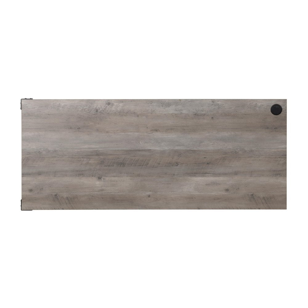65" Gray and Black L Shape Writing Desk. Desk isolated on a plain white background, finished in gray.