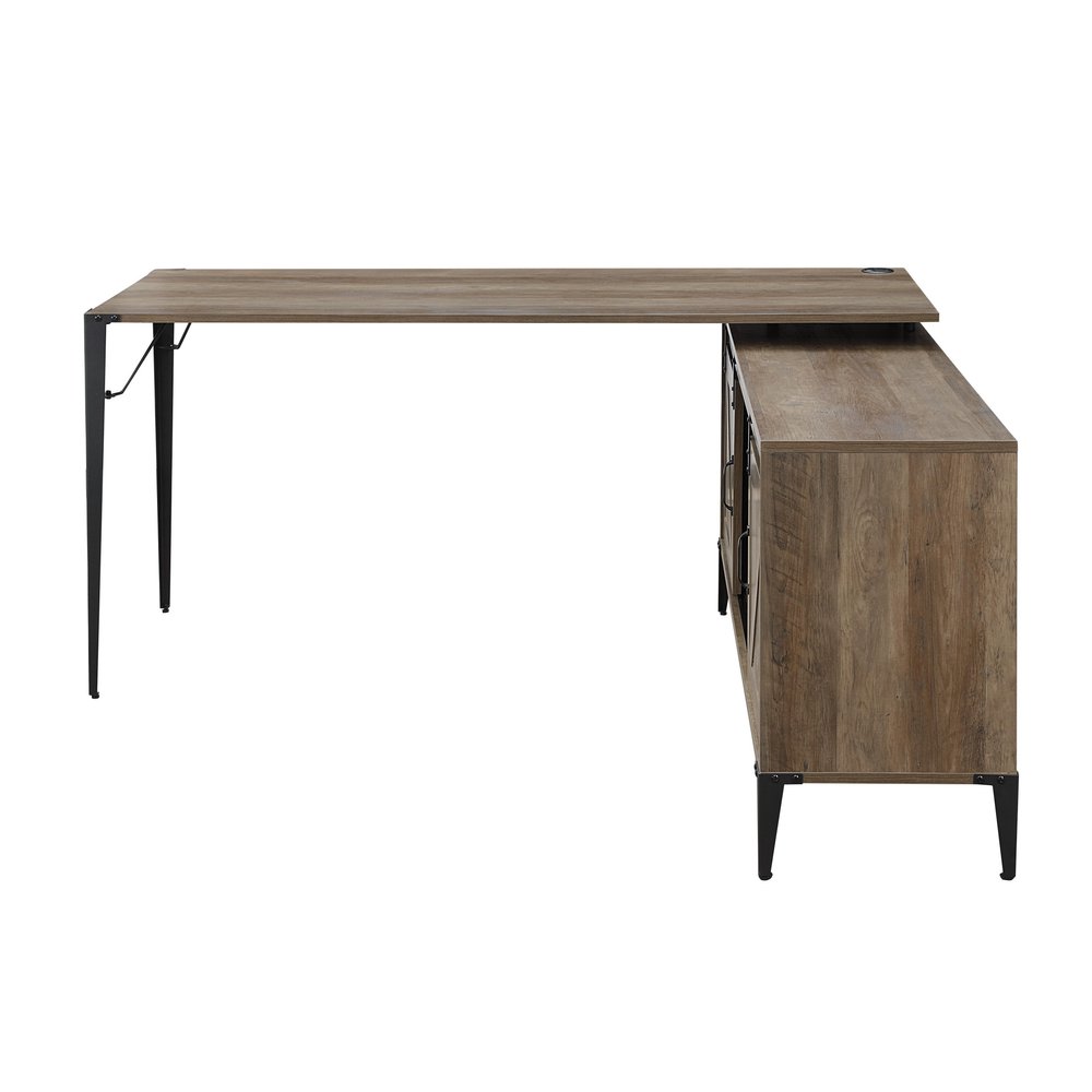 65" Brown and Black L Shape Writing Desk. Desk isolated on a plain white background, finished in black.