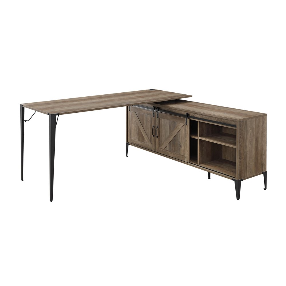 65" Brown and Black L Shape Writing Desk. Desk isolated on a plain white background, showing its black color.