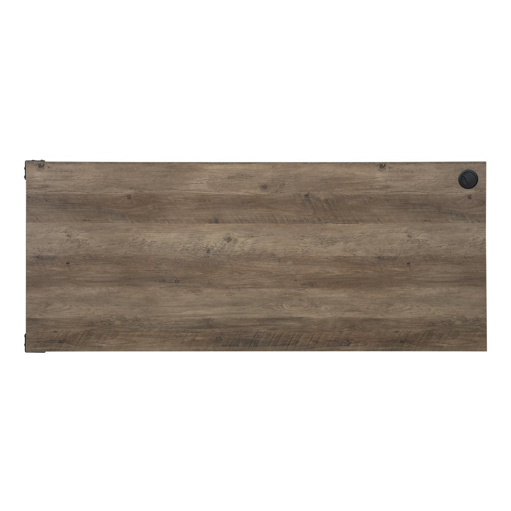 65" Brown and Black L Shape Writing Desk. Desk isolated on a plain white background, finished in black.
