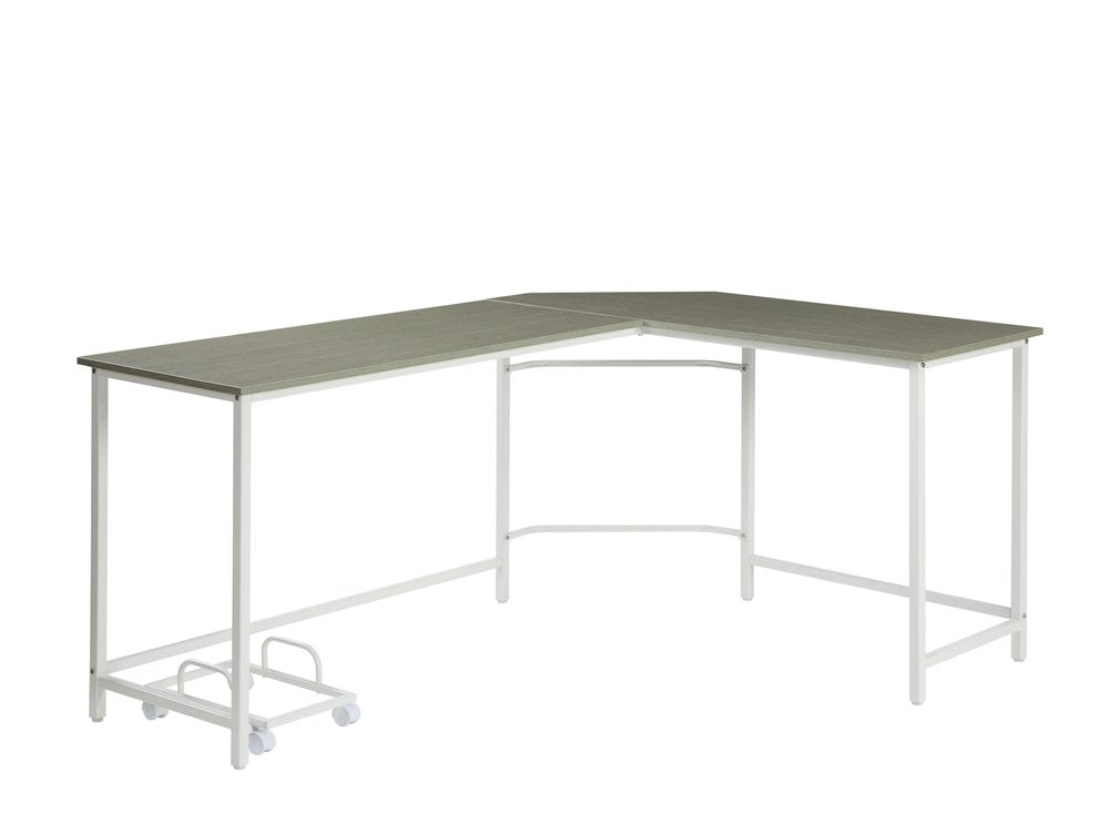 Gray and white L-shaped computer desk with a metal frame and wood-effect top, shown against a white background.