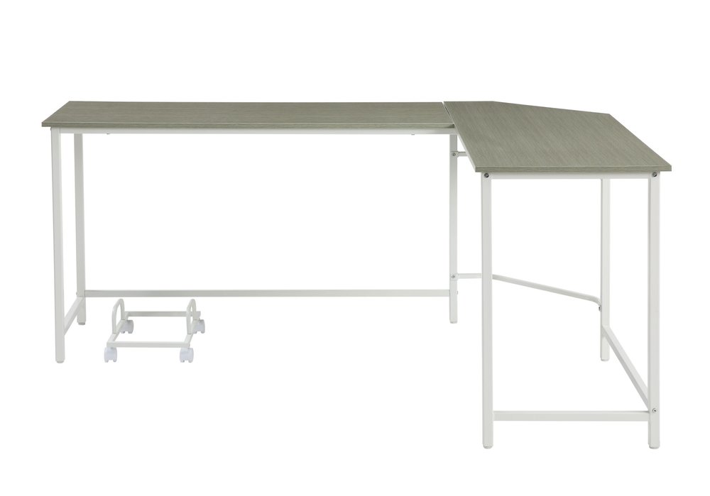66" Gray and White L Shape Computer Desk. Desk isolated on a plain white background, finished in white.