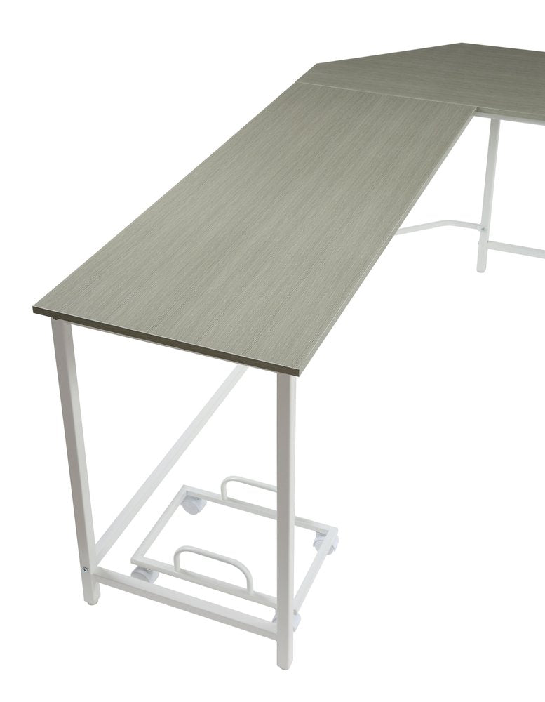 66" Gray and White L Shape Computer Desk. Desk isolated on a plain white background, showing its white color.