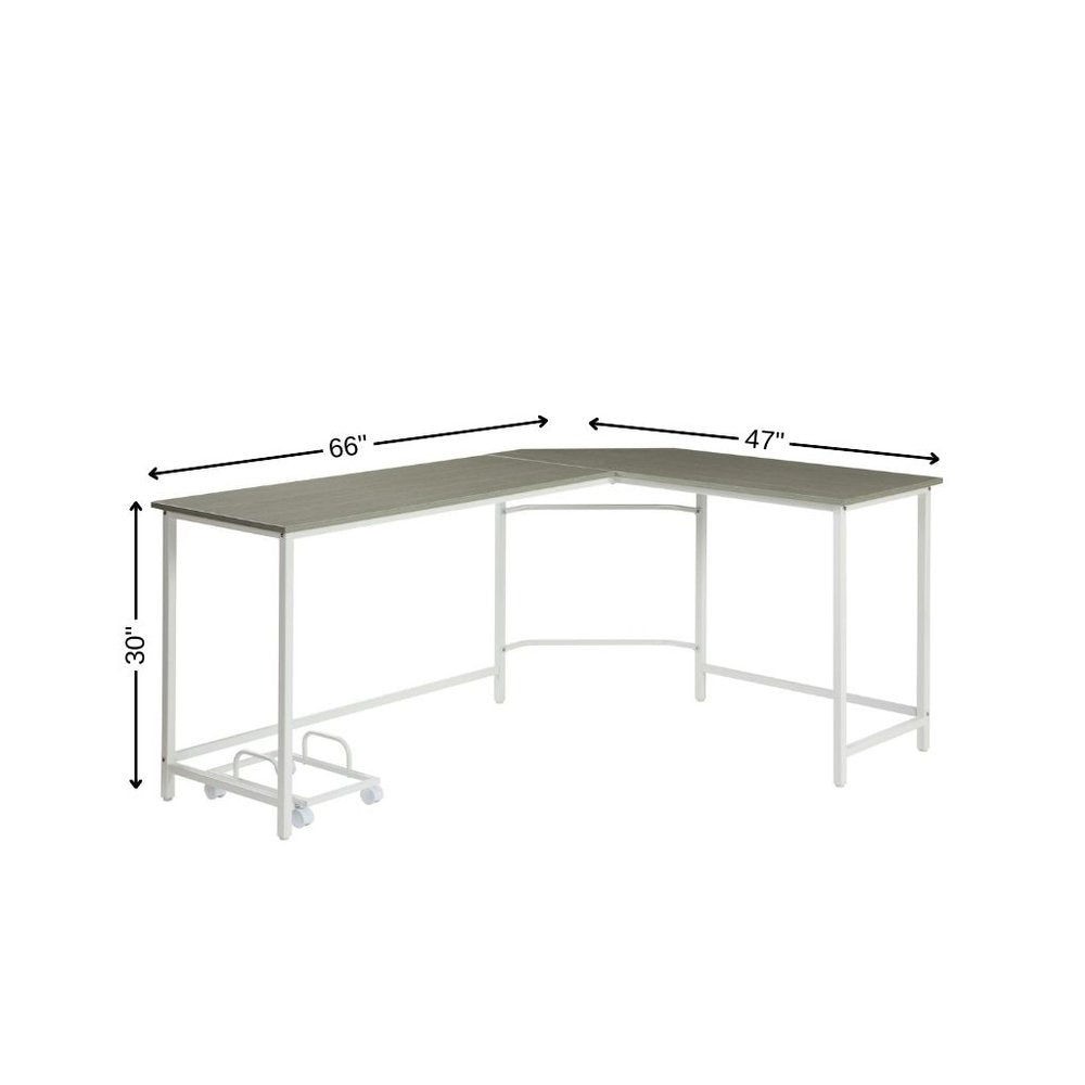 66" Gray and White L Shape Computer Desk. Desk isolated on a plain white background, in a white finish.