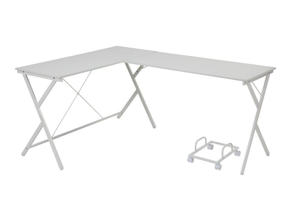 62" White L Shape Computer Desk. Desk isolated on a plain white background, showing its white color.