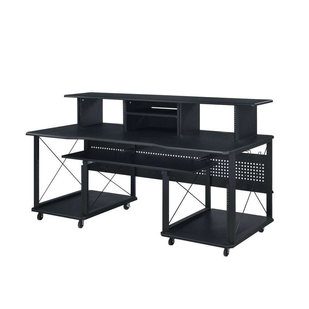 Black wood and metal rolling computer desk with multiple shelves and a pull-out keyboard tray against a white background.