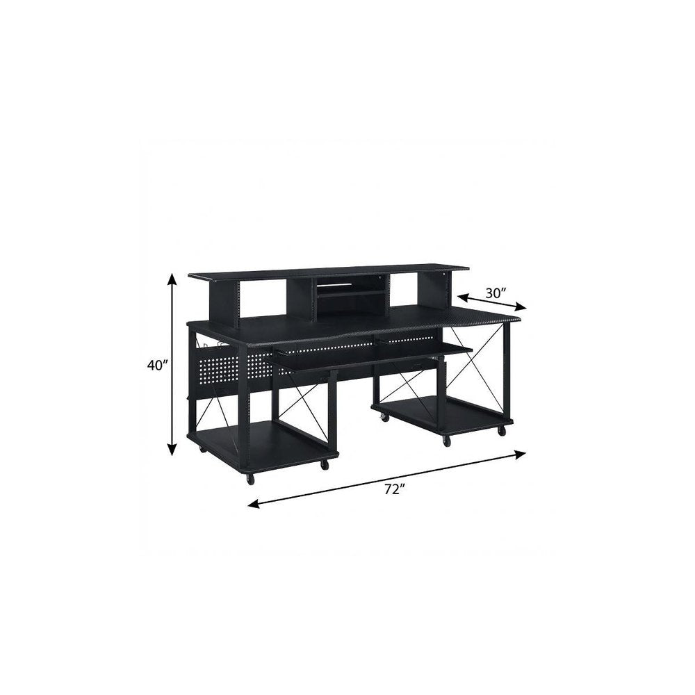 72" Black Wood and Metal Rolling Computer Desk on a white background