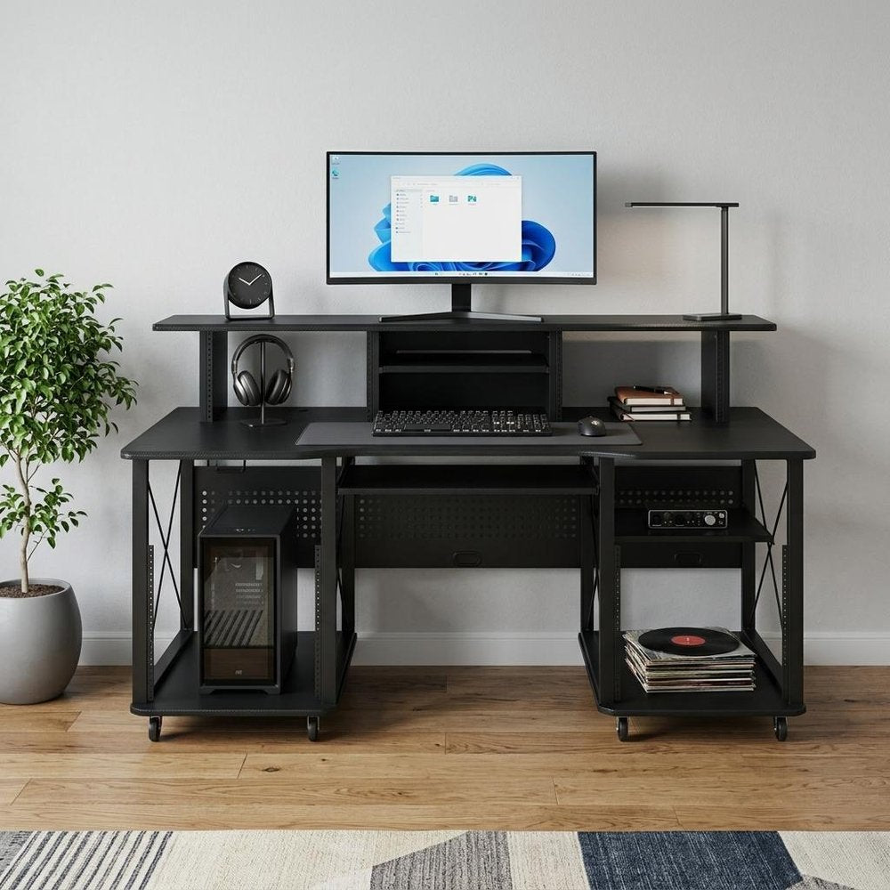 72" Black Wood and Metal Rolling Computer Desk