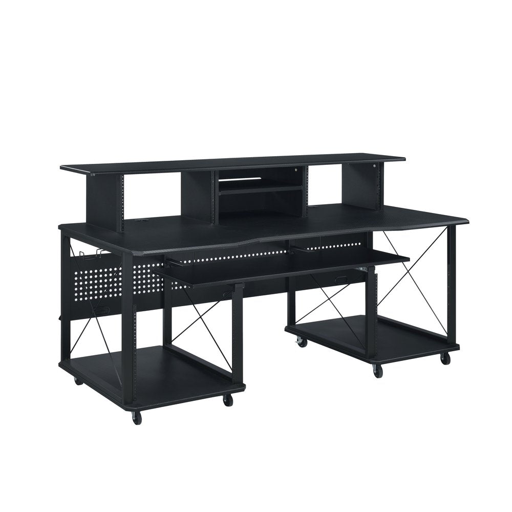 72" Black Wood and Metal Rolling Computer Desk on a white background