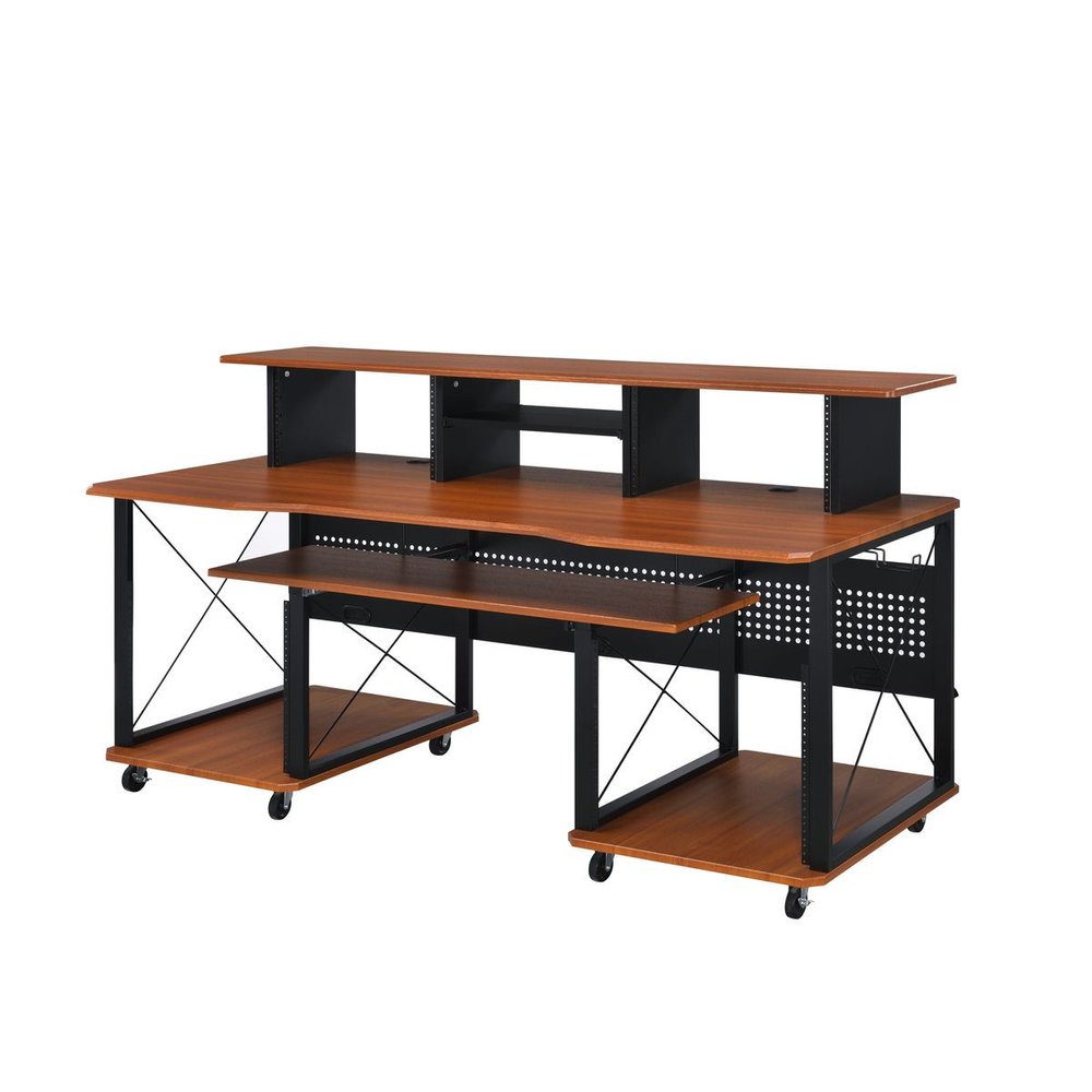 Brown and black wood and metal rolling computer desk with shelves and a keyboard tray on a white background.