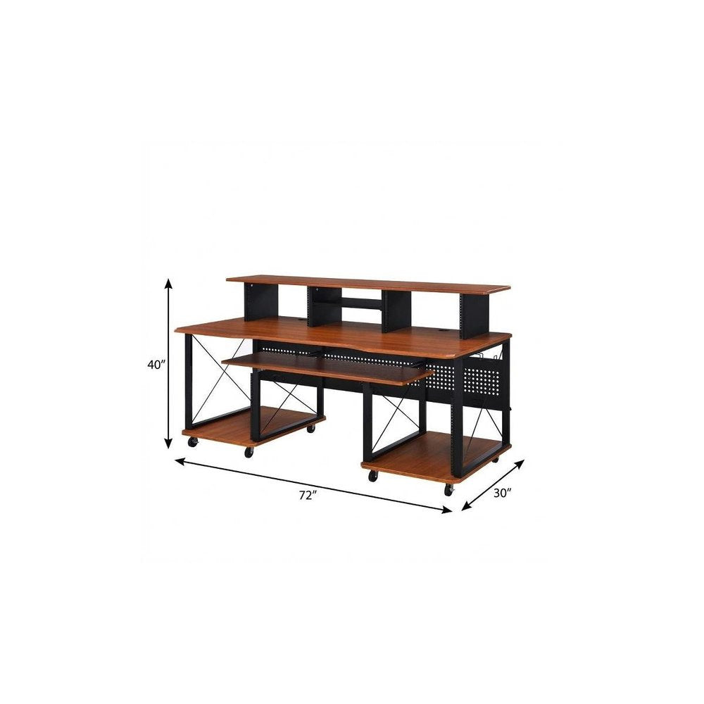 72" Brown and Black Wood and Metal Rolling Computer Desk on a white background