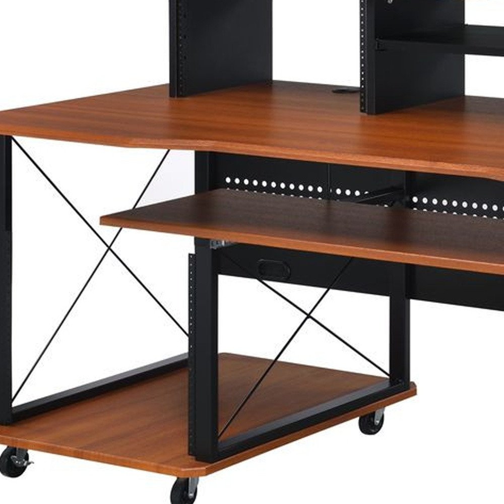 72" Brown and Black Wood and Metal Rolling Computer Desk on a white background