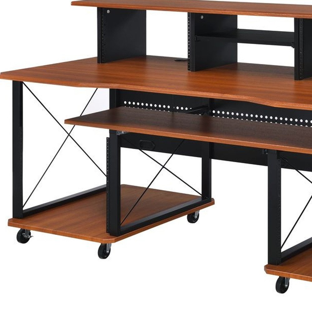 72" Brown and Black Wood and Metal Rolling Computer Desk on a white background