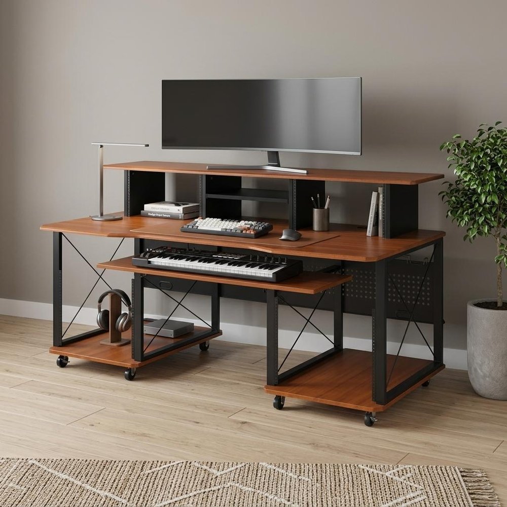 72" Brown and Black Wood and Metal Rolling Computer Desk