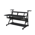 67" Black Wood and Metal Rolling Computer Desk. Desk isolated on a plain white background, in a black metal finish.