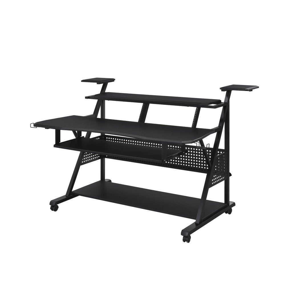Black metal rolling computer desk with multiple shelves and a keyboard tray, shown against a white background.