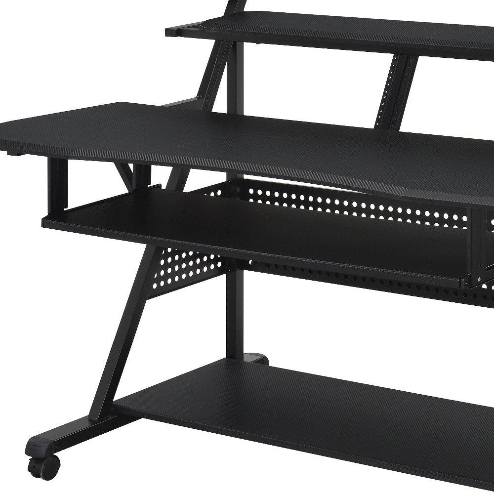 67" Black Wood and Metal Rolling Computer Desk. Desk isolated on a plain white background, finished in black metal.