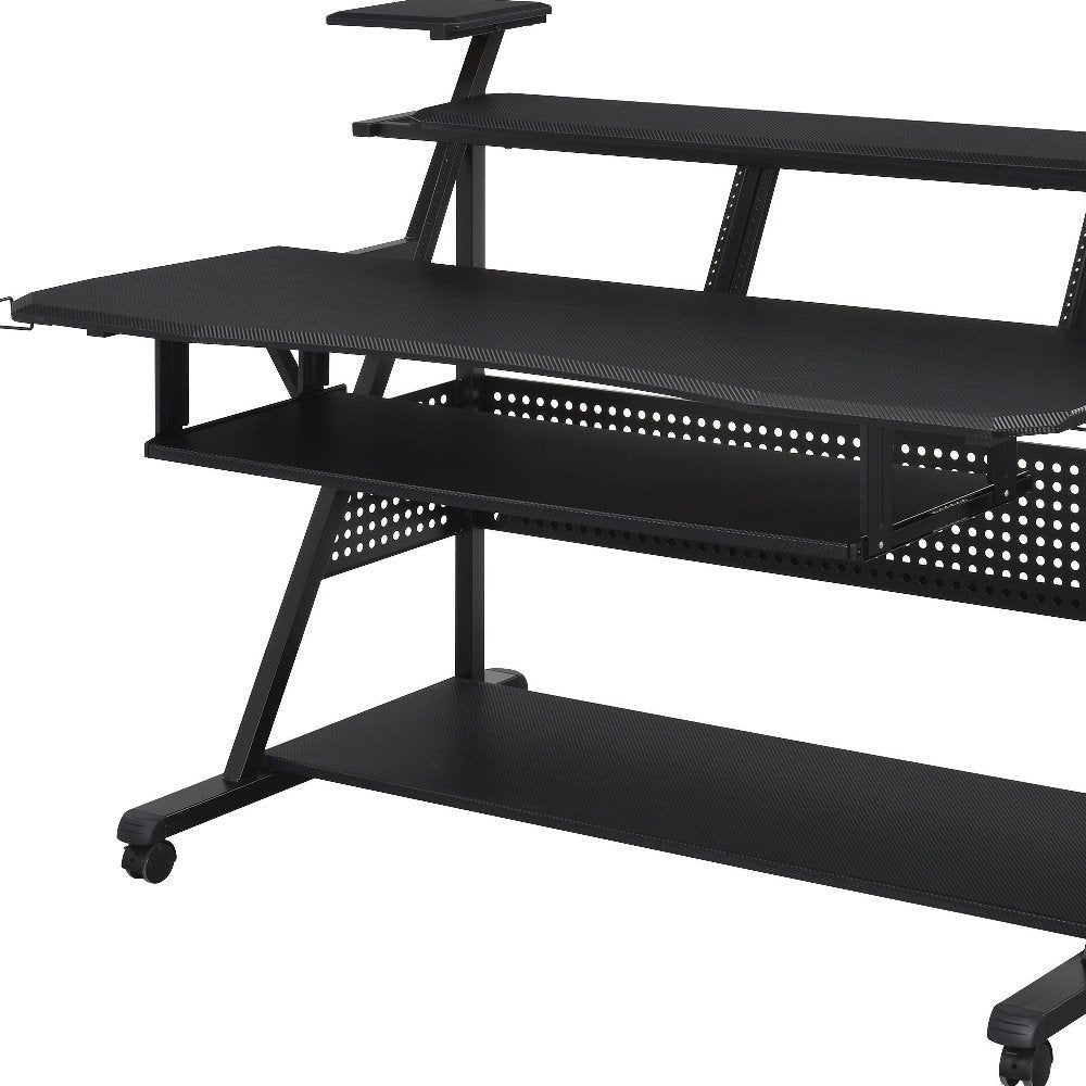67" Black Wood and Metal Rolling Computer Desk. Desk isolated on a plain white background, showing a black metal surface.