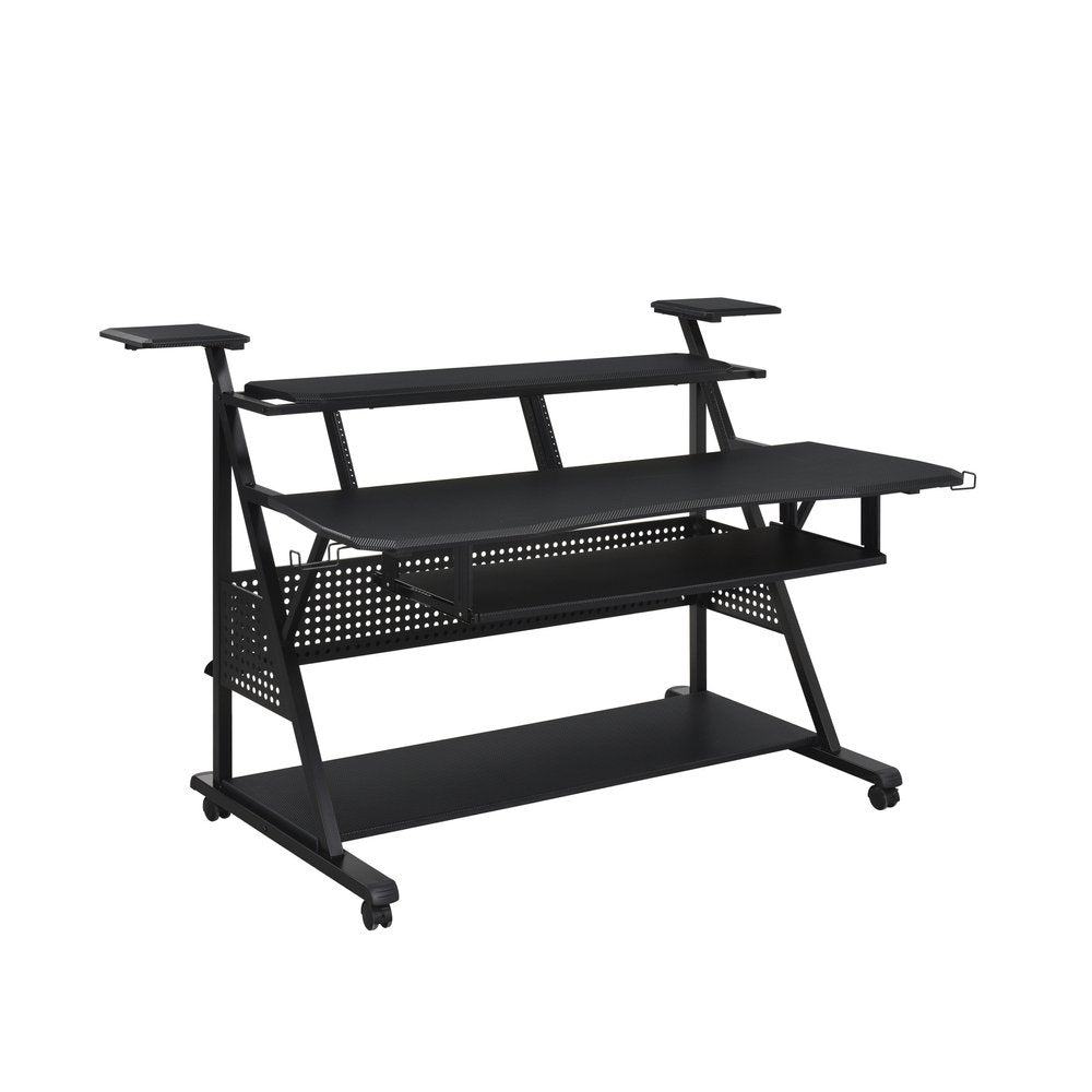 67" Black Wood and Metal Rolling Computer Desk. Desk isolated on a plain white background, finished in black metal.