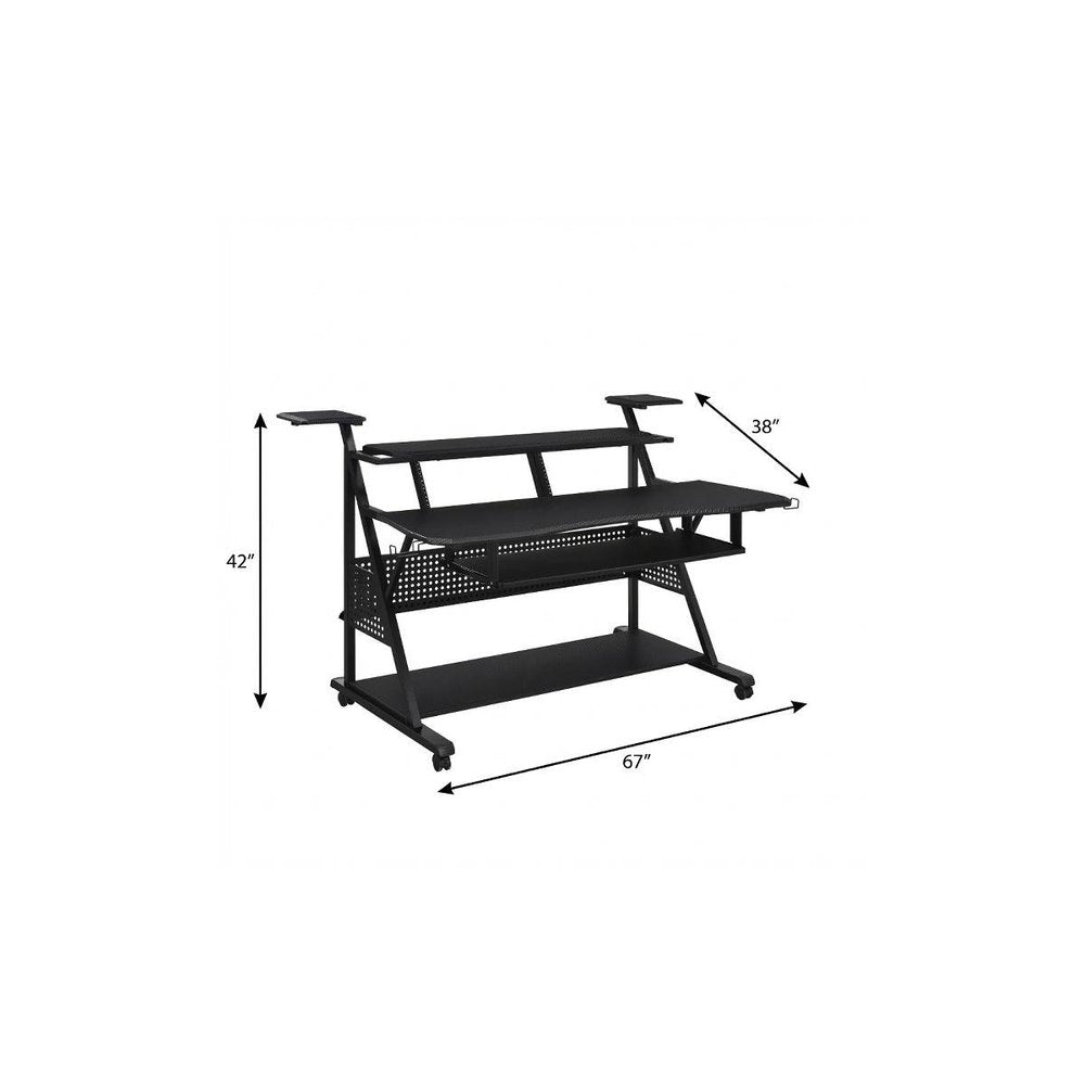 67" Black Wood and Metal Rolling Computer Desk. Desk isolated on a plain white background, showing a black metal surface.