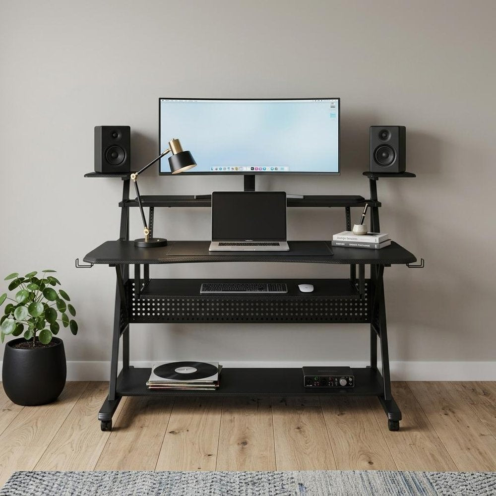 67" Black Wood and Metal Rolling Computer Desk