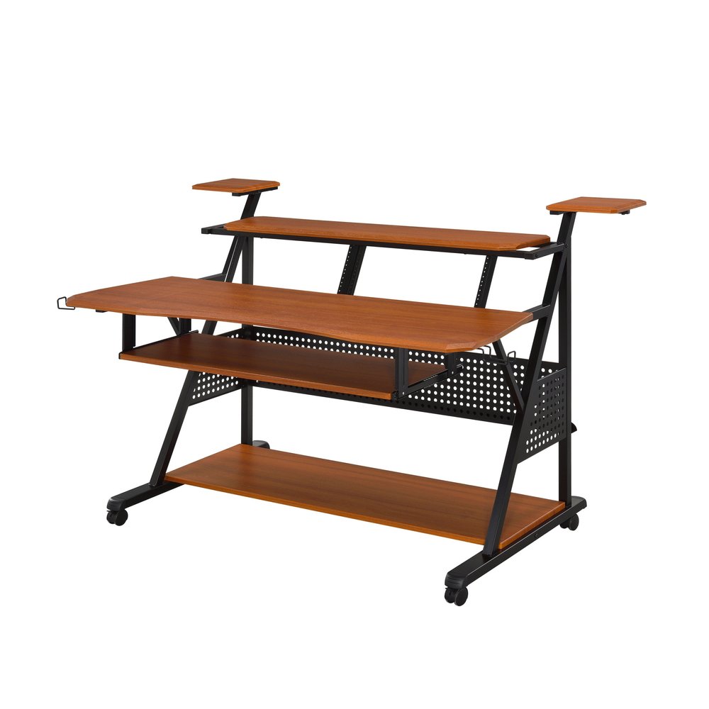 Brown and black multi-level music desk with wheels on a white background.
