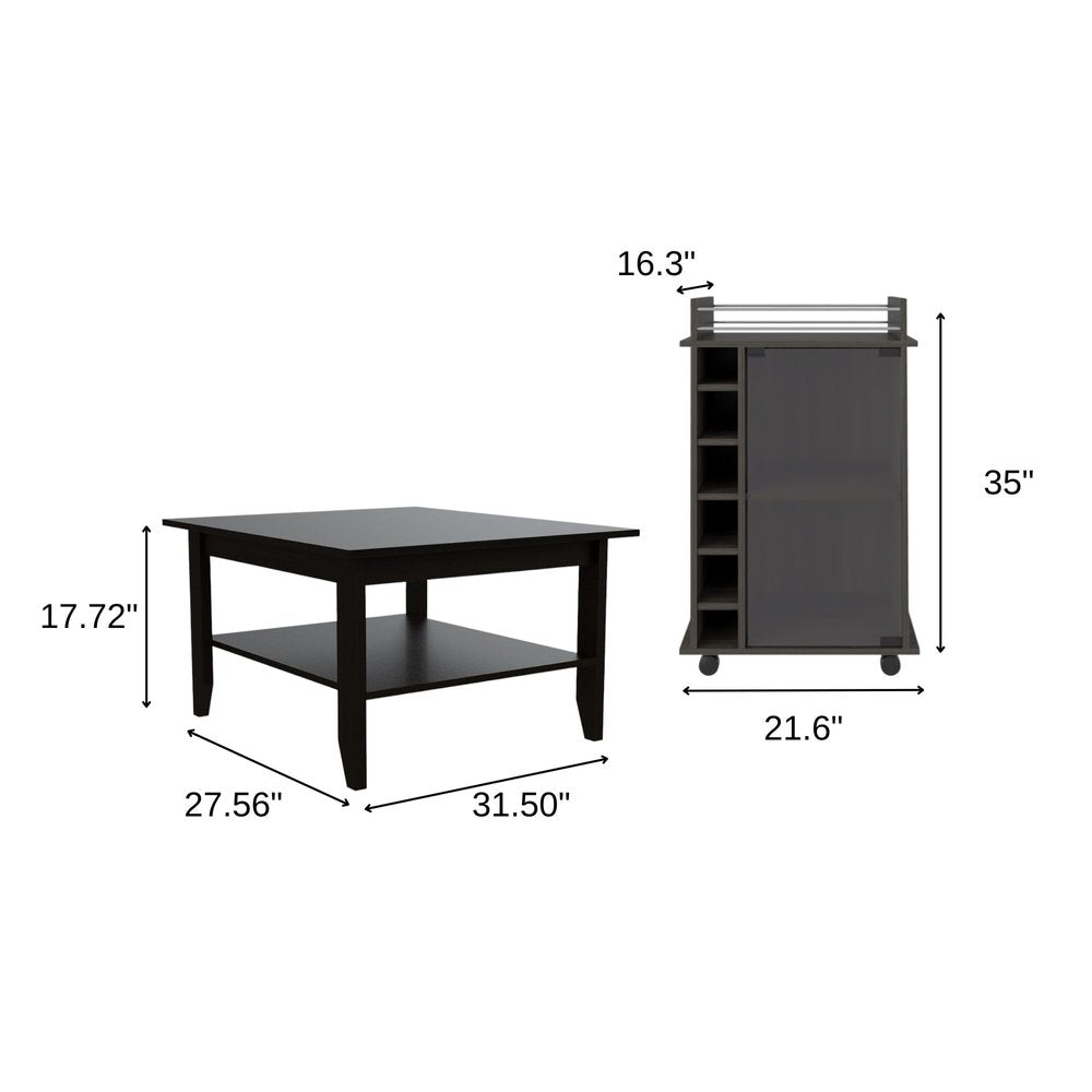 22" Brown and Black Open shelving Bar Cart and Coffee Table. Living room furniture set isolated on a plain white background, in a black finish.