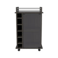 Dark brown bar cart with open shelving on the left and a dark cabinet door on the right, on wheels, against a white background.