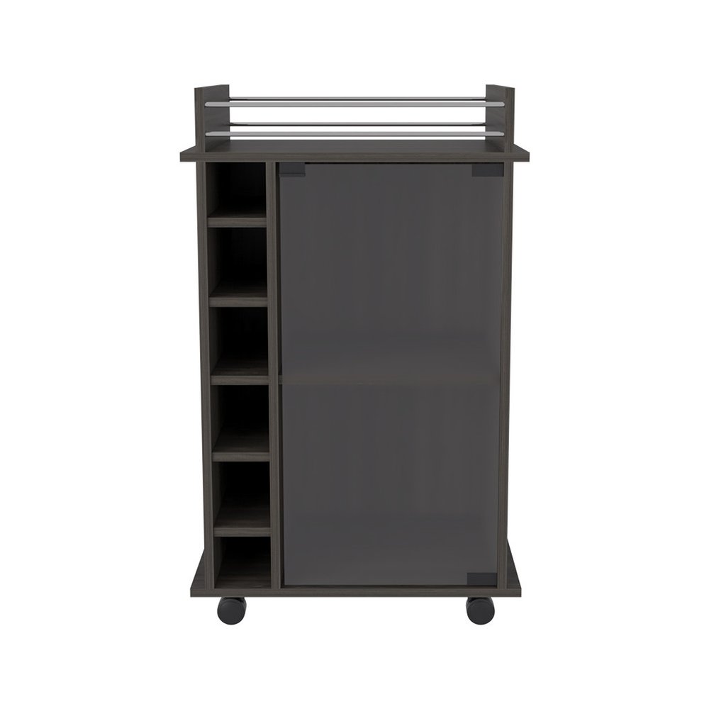 Dark brown bar cart with open shelving on the left and a dark cabinet door on the right, on wheels, against a white background.