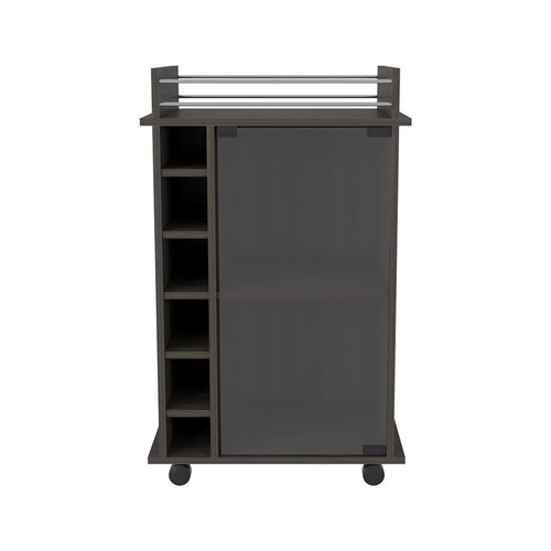 Dark brown bar cart with open shelving on the left and a dark cabinet door on the right, on wheels, against a white background.