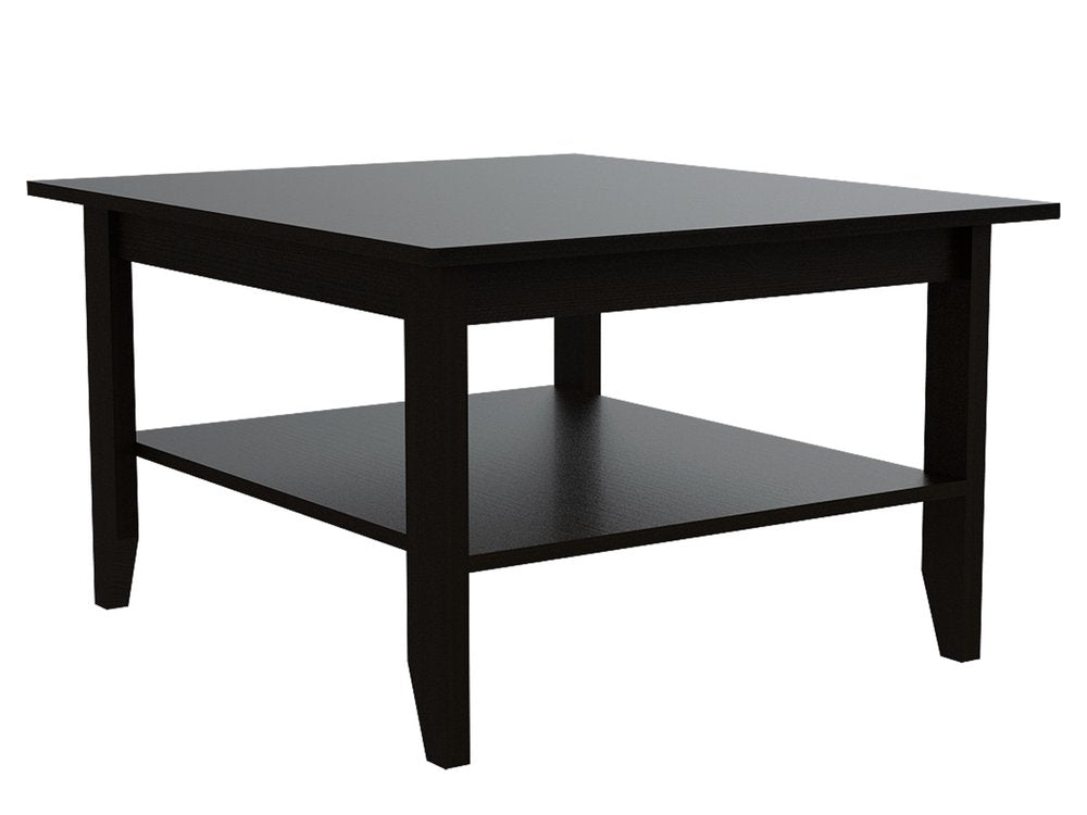 22" Brown and Black Open shelving Bar Cart and Coffee Table. Living room furniture set isolated on a plain white background, finished in black.