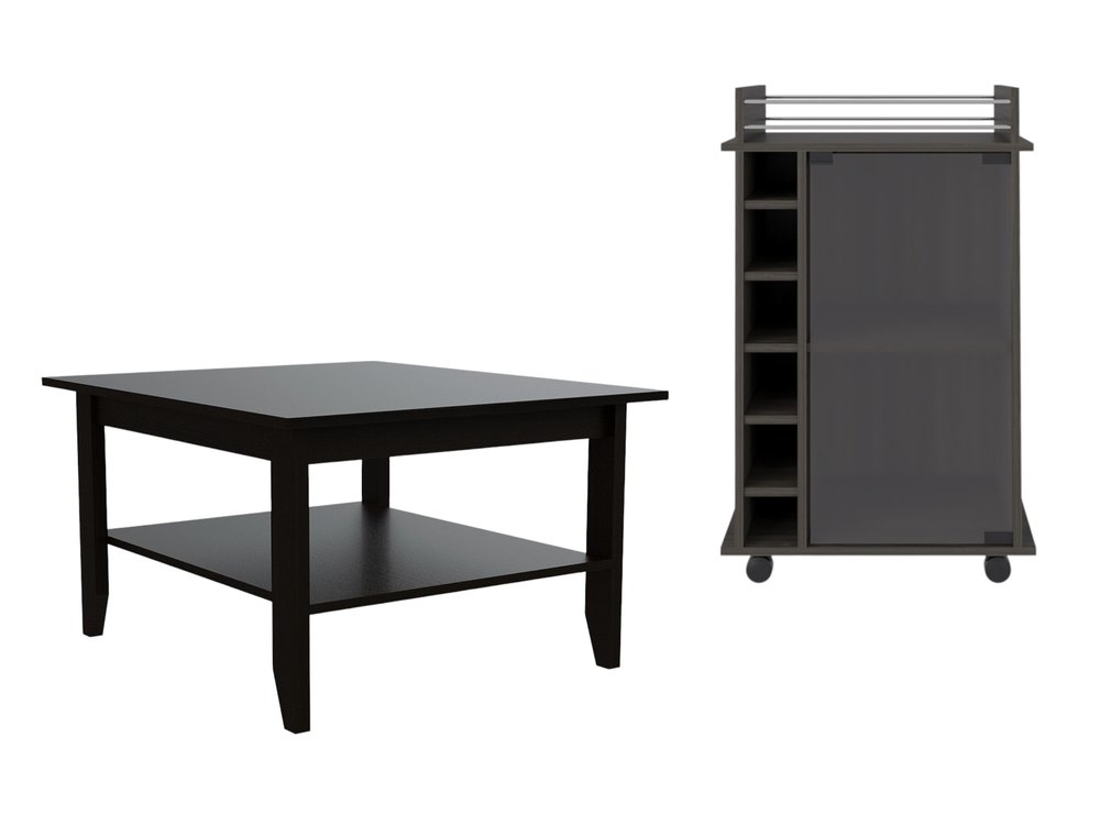 22" Brown and Black Open shelving Bar Cart and Coffee Table. Living room furniture set isolated on a plain white background, showing its black color.