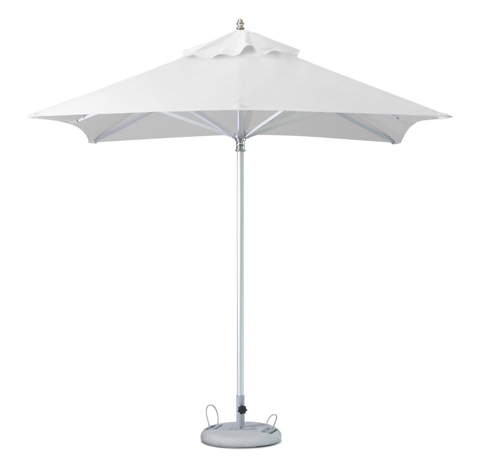 White polyester square market patio umbrella with silver pole and grey base on a white background.
