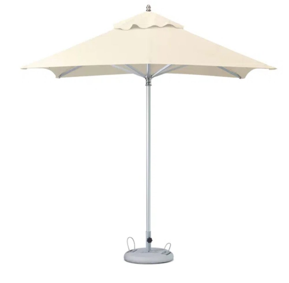 Ecru polyester square market patio umbrella with silver pole and gray base on a white background.