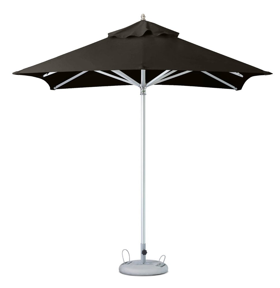 Black polyester square market patio umbrella with silver pole and grey base on a white background.