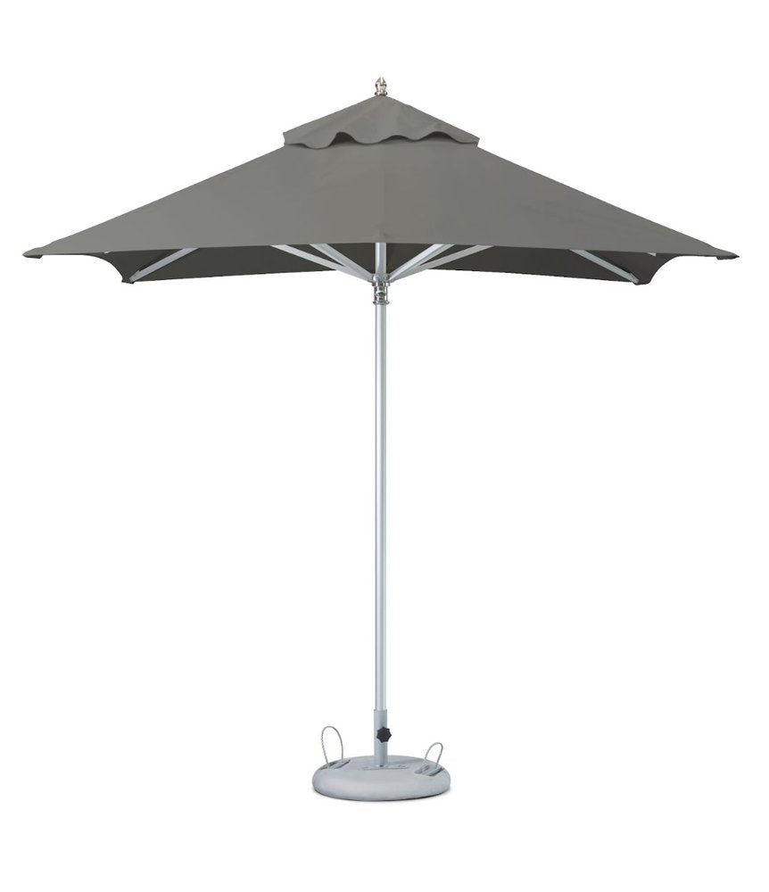 A charcoal polyester square market patio umbrella with a silver pole and base on a white background.