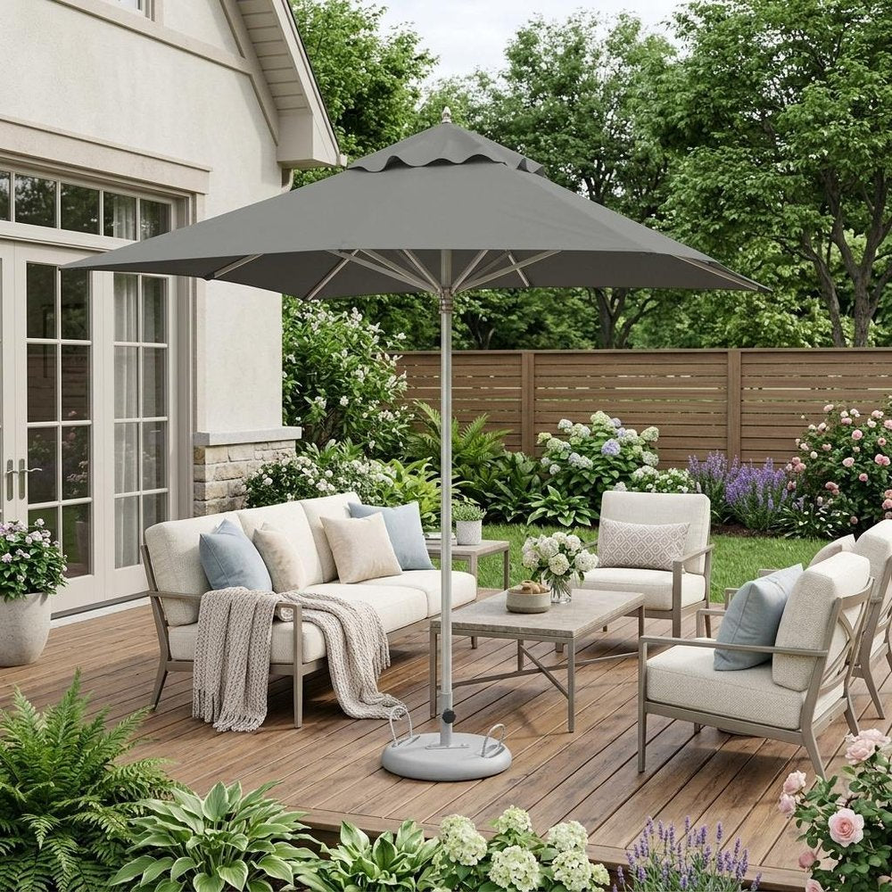 8' Charcoal Polyester Square Market Patio Umbrella in a home interior